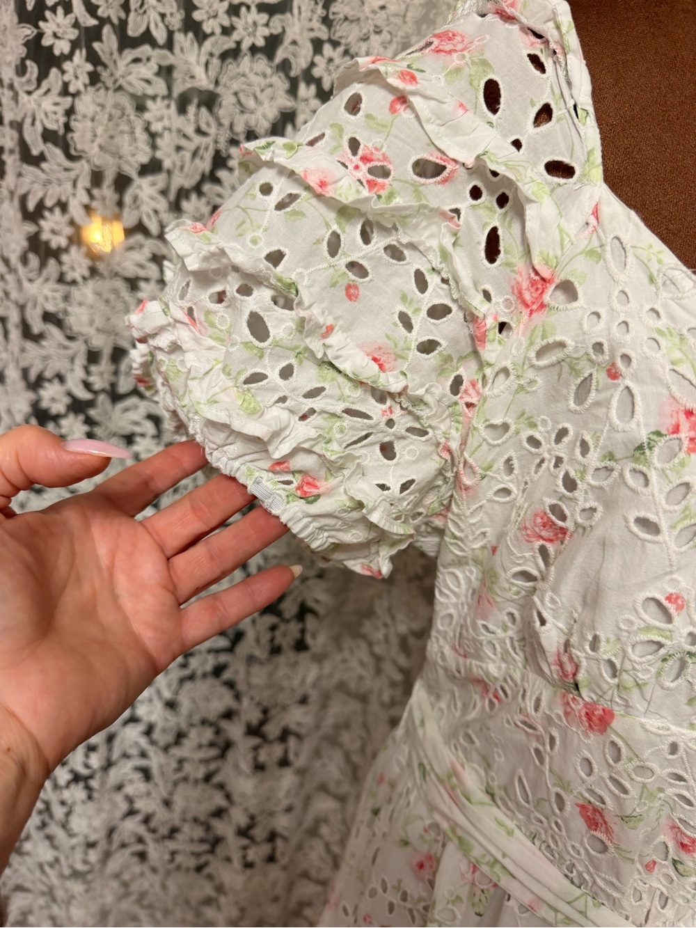 LoveShackFancy White Eyelet Maxi Dress with Pink Floral Print - Picture 6 of 9